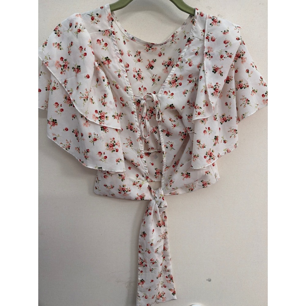 Floral Ruffle Sleeve Crop Top White Pink Rose Tie Back V-Neck XS B5752-X1913